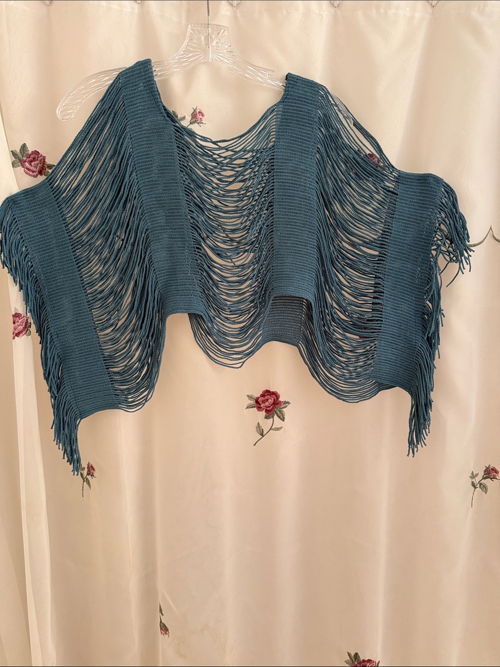Teal Open-Knit Fringe Women's Sweater Shrug